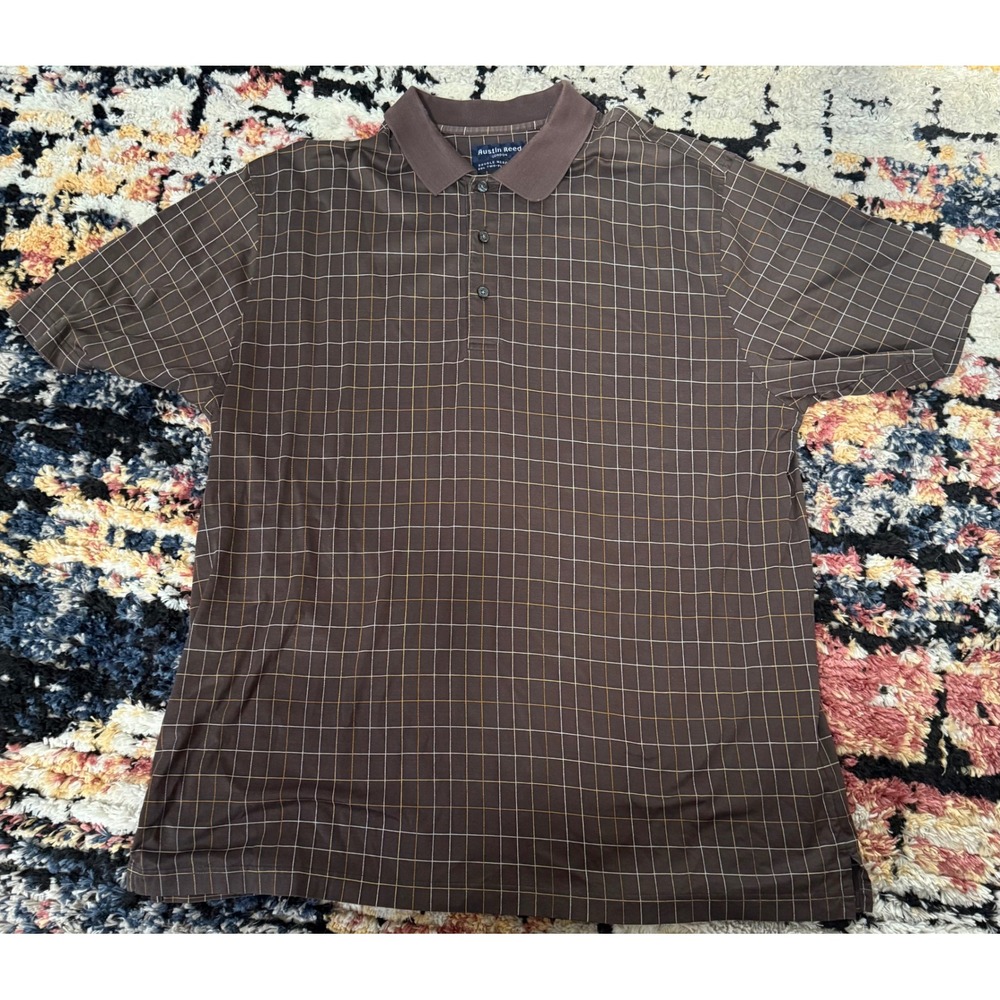 Austin Reed London Brown Grid Check Mercerized Cotton Polo‎ Shirt Mens XL